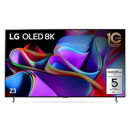 Front view with LG OLED 8K evo, 10 Years World No.1 OLED Emblem, and 5-Year Panel Warranty logo on screen.