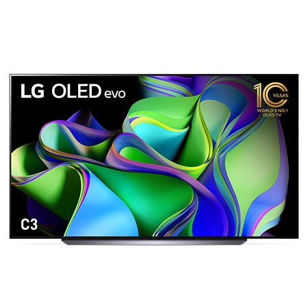 Front view with LG OLED evo and 10 Years World No.1 OLED Emblem on screen.