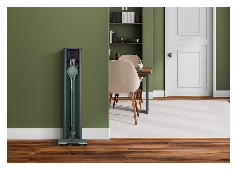 Image of calming green colour LG CordZero All-in-One Tower placed in a modern living room.