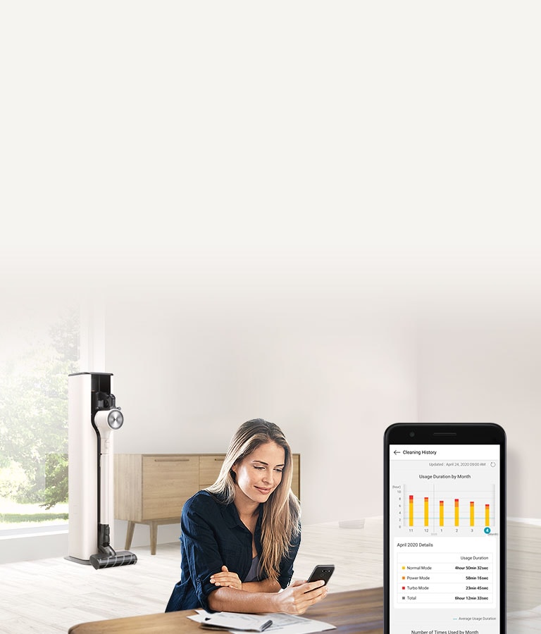 A vacuum cleaner is placed behind it, showing a woman using the ThinQ app on her smartphone.