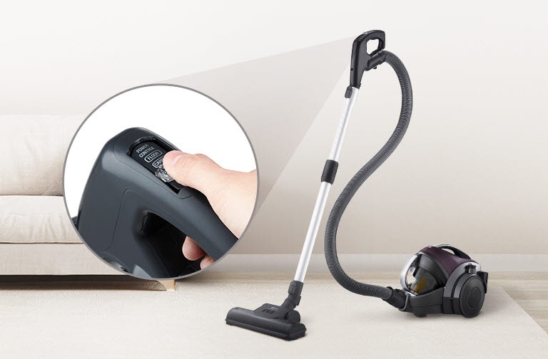 This image illustrates the convenience of having on, off, and power levels on the pipe handle of a vacuum cleaner.