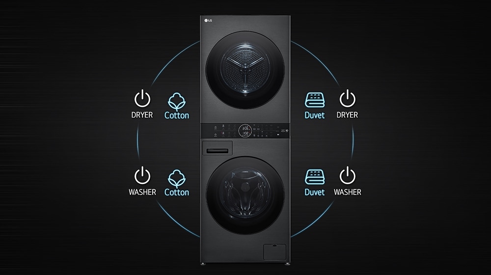 The product is placed in the center, and there are lines connecting the washer and dryer on both sides. Above that line is the power button and cycle icon.