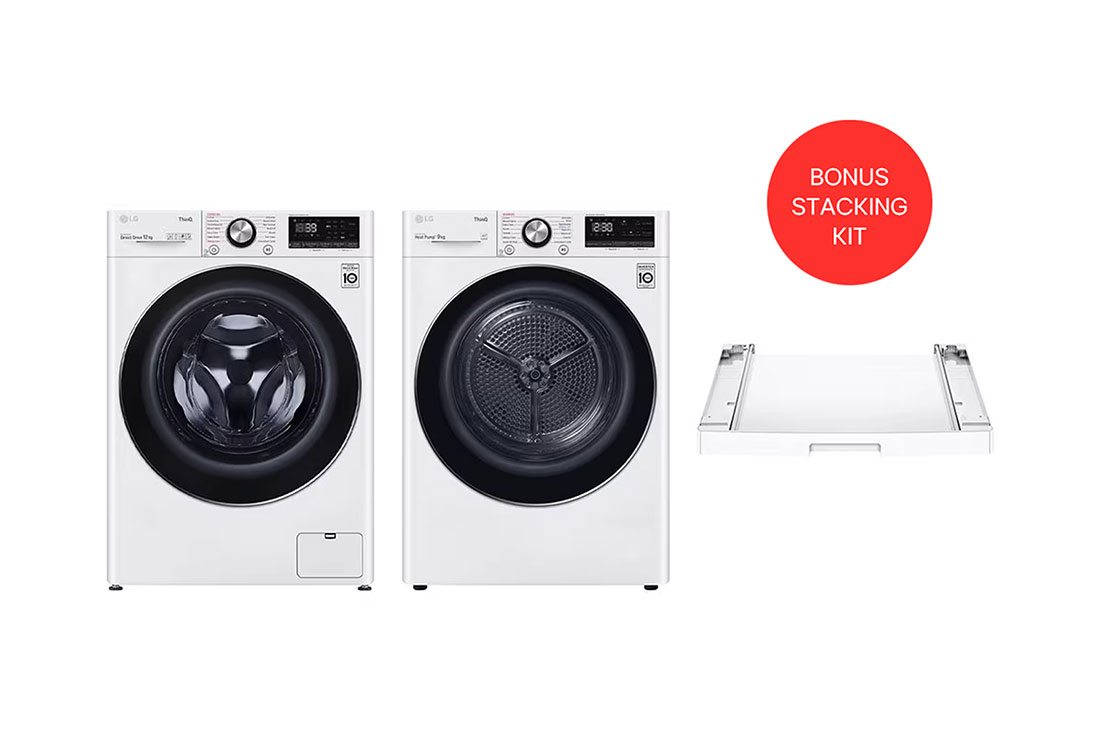 LG 12kg Series 9 Front Load Washing Machine + 9kg Heat Pump Dryer Stacking Kit Bundle, WV9-1412SW