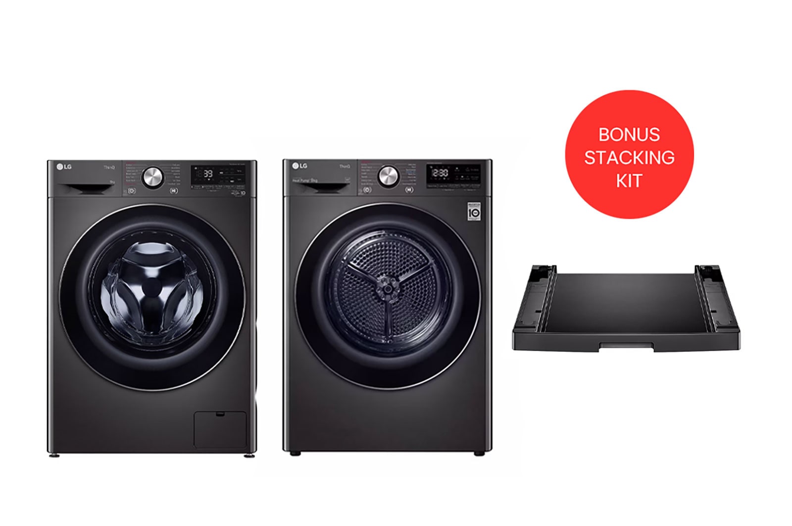 LG 9kg Series 9 Front Load Washing Machine + 9kg Heat Pump Dryer Stacking Kit Bundle, WV9-1609SB