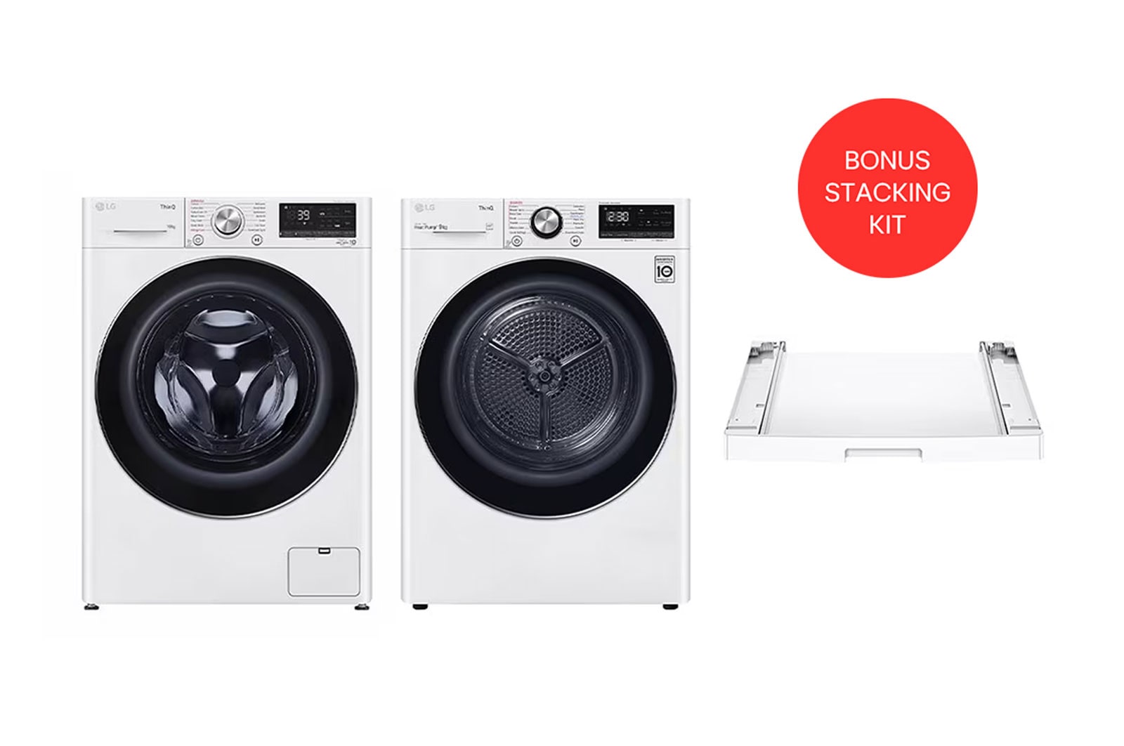 LG 10kg Series 9 Front Load Washing Machine + 9kg Heat Pump Dryer Stacking Kit Bundle, WV9-1610SW