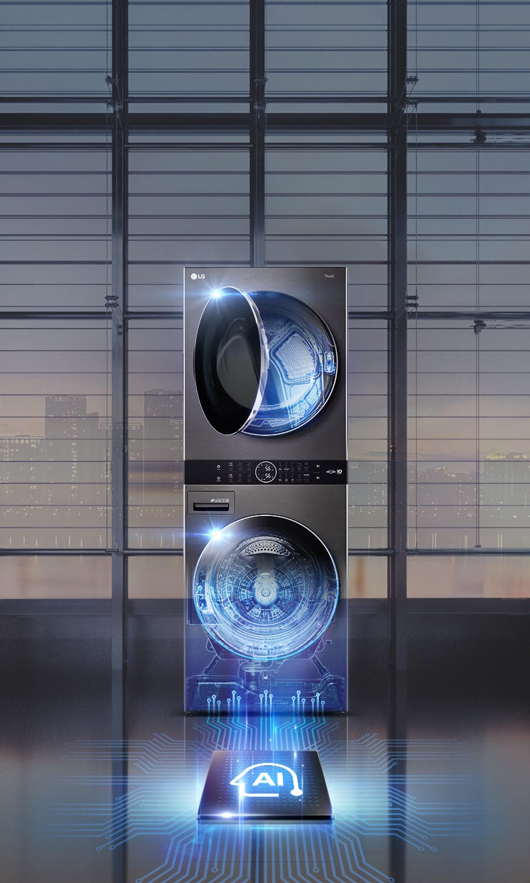 An LG Wash Tower sits facing front with a wall of windows behind it. The top door is slightly ajar showing a blue light shining inside. The bottom door is open completely showing the blue light glowing out and lines connecting to the AI icon indicating technology and connection.