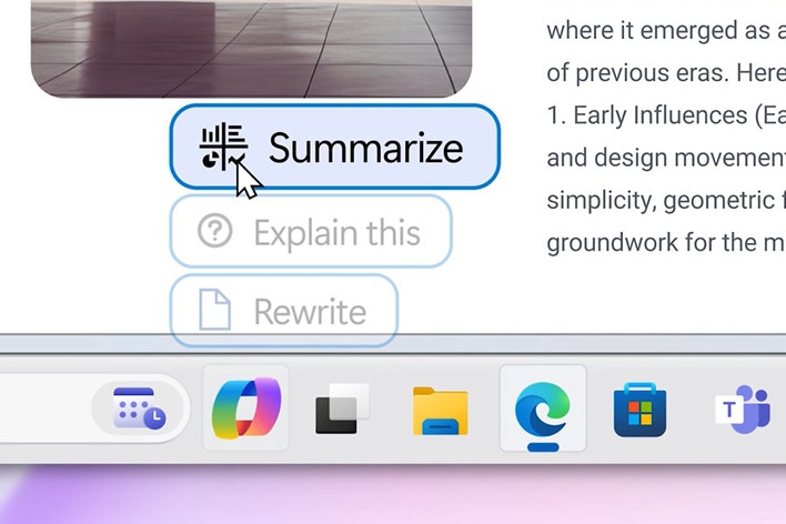 The image shows a cursor hovering over a "Summarise" button in a digital assistant interface. Below are options like "Explain this" and "Rewrite."