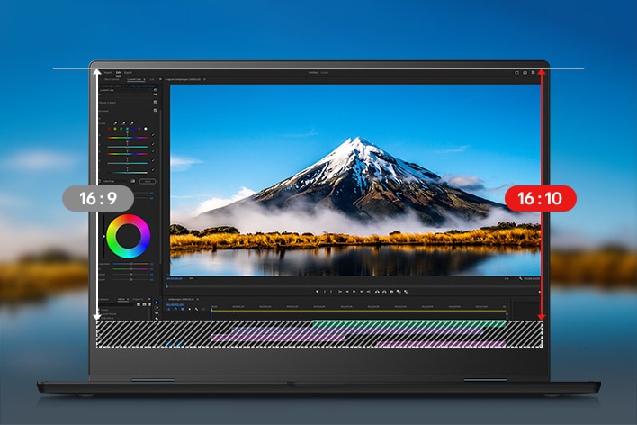 A laptop showcasing a video editing interface with a stunning mountain landscape on the screen. An animation highlighting the transition from a 16:9 aspect ratio to a 16:10 aspect ratio, emphasizing the expanded vertical workspace provided by the 16:10 ratio.