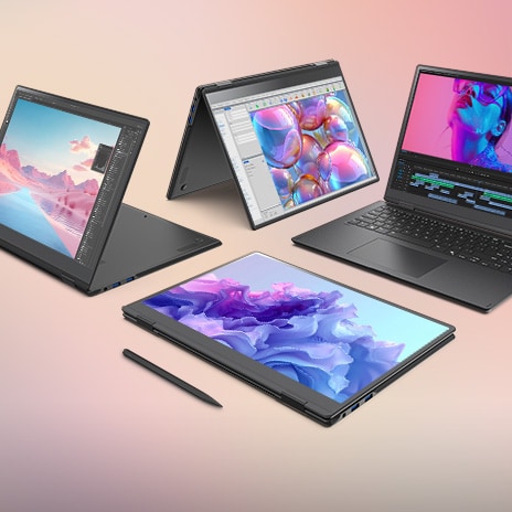 This image showcases four convertible laptops in various modes: stand mode, laptop mode, tablet mode, and tent mode. It highlights the laptop's versatility across different configurations, with each screen displaying an image in purple and pink tones. In front of the laptop set in tablet mode, there is a stylus pen.