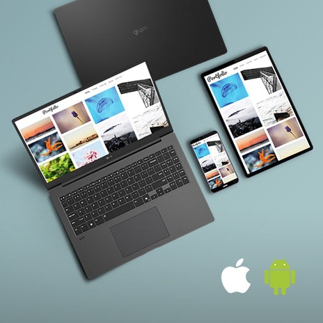 A laptop, tablet, and smartphone are displayed together, all showcasing synchronized content on their screens. The 'gram Link' feature is highlighted, with Apple and Android logos in the bottom right corner, emphasizing cross-device connectivity.