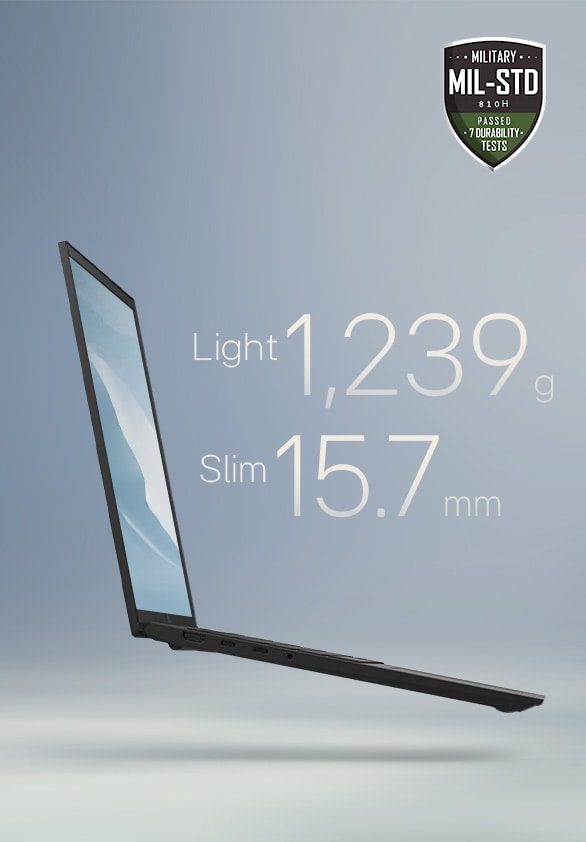 The image showcases a slim laptop with the text: "Light, thin, all-powerful" at the top. Key specifications, "Light 1,239 g" and "Slim 15.7 mm," are highlighted in the centre. A MIL-STD durability badge is displayed in the upper-right corner, emphasising its robustness.