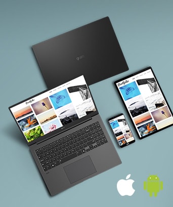 The image shows an LG Gram laptop, a tablet, and a smartphone displaying synchronised content. The text reads: "LG gram Link - Get all connected," with Apple and Android logos in the bottom right, emphasising cross-device compatibility.