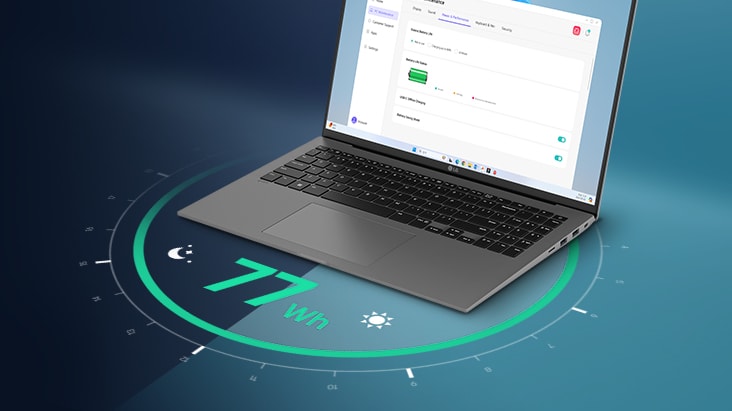 A laptop displaying a battery usage interface on its screen, surrounded by a circular visual representation of time. The text '77Wh' is prominently featured, highlighting battery life.