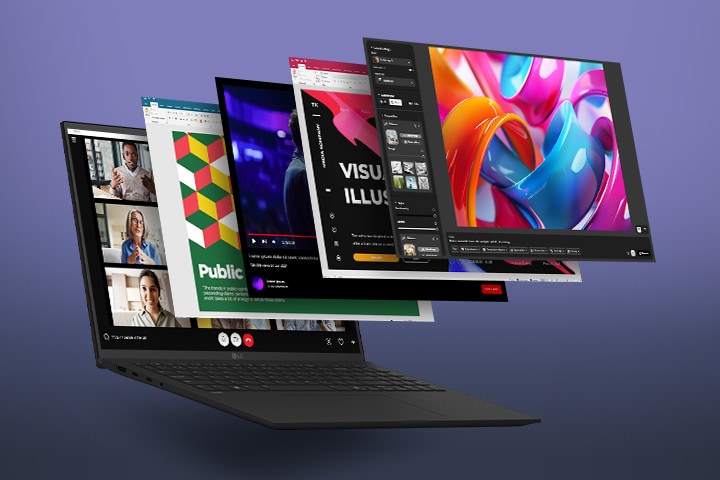 The image features a laptop with multiple application windows floating outward, showcasing its multitasking capabilities. The apps displayed range from video editing to presentations, emphasizing the laptop's performance for diverse tasks.