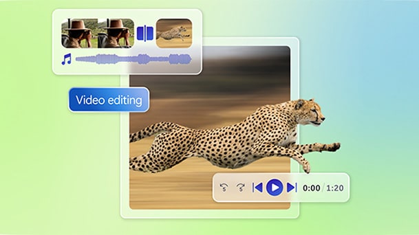 This image shows a visual representation of video editing, featuring a running cheetah inside a media preview frame, surrounded by editing icons and clips, alongside the text highlighting how Copilot+ PCs handle demanding creative projects with ease.
