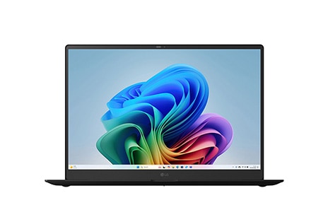 Front image of laptop with Copilot+ Bloom wallpaper