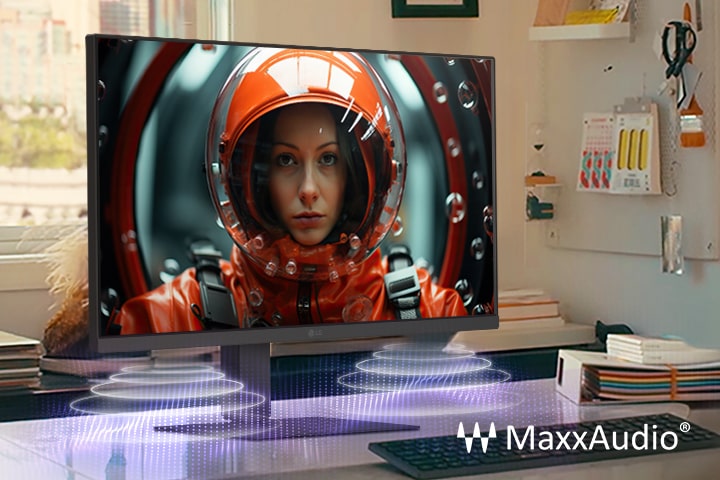 A desktop setup with an LG monitor displaying a woman in a space suit, enhanced with MaxxAudio visual effects suggesting built-in speaker sound projection.