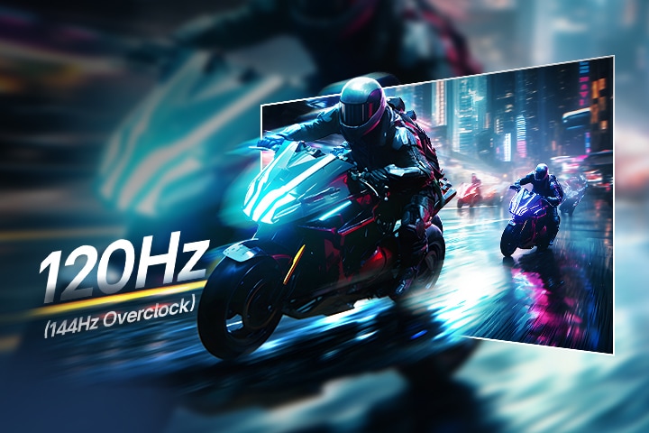 Racing game scene of extremely fast response and a rapid 120Hz refresh rate.