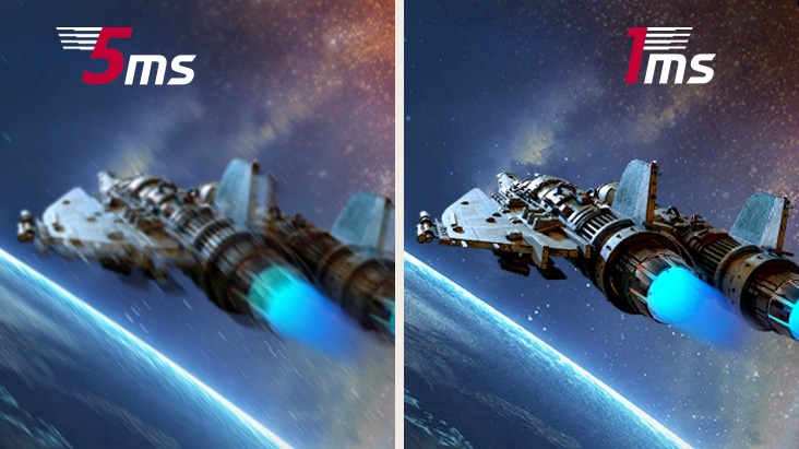 Comparison image showing reduced motion blur on the UltraGear™ 27G640A with 1ms (GtG) response time for smoother gaming visuals.