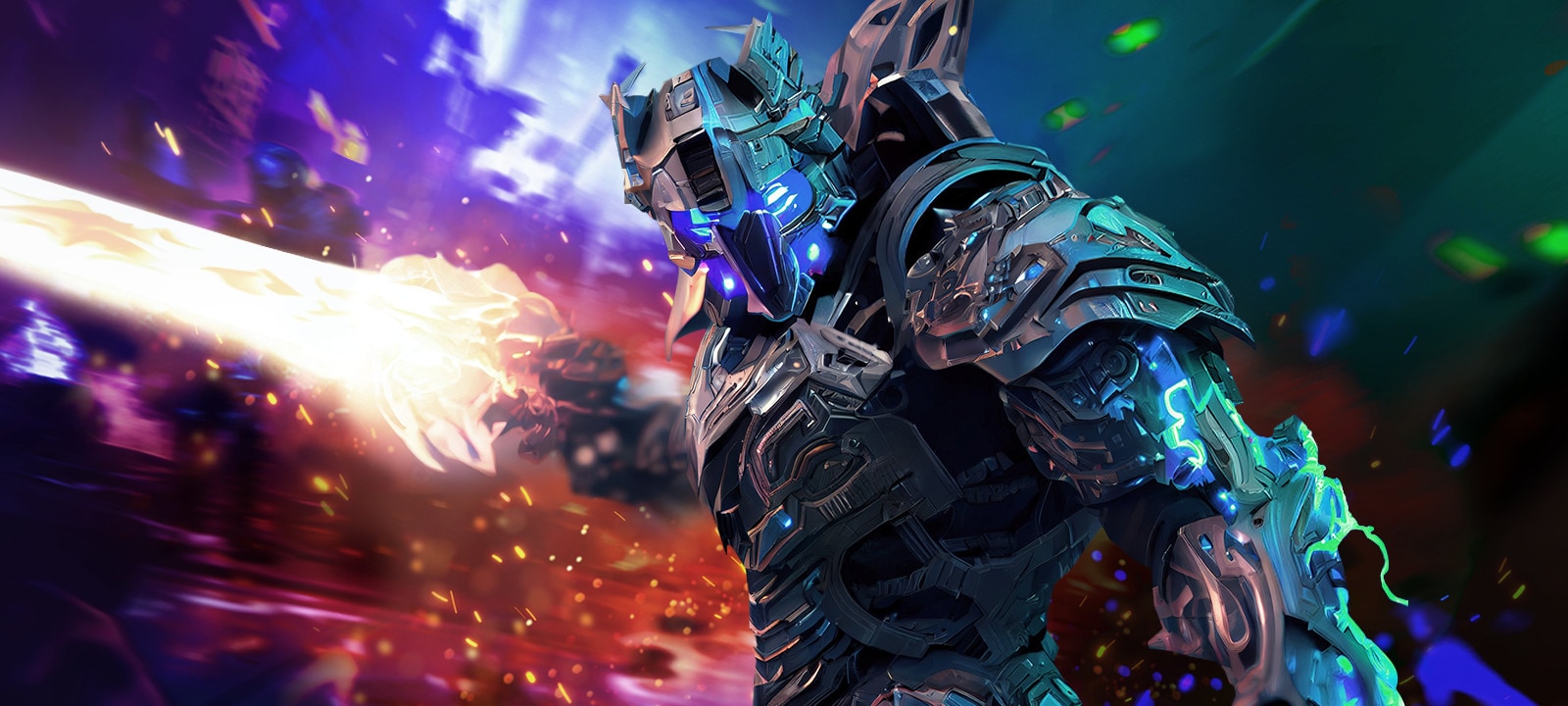 IPS-A robotic warrior in armor firing an energy weapon with a glowing blue and fiery background.	