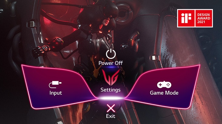 On-screen display menu with options for Input, Settings, Game Mode, and Exit.	