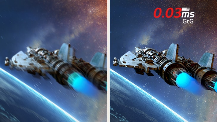 Side-by-side comparison of a space-themed scene showing a spaceship flying over Earth. The left side appears blurry, while the right side is sharp and clear with '0.03ms GtG' labeled in the top-right corner—demonstrating the ultra-fast response time of the monitor for reduced motion blur.