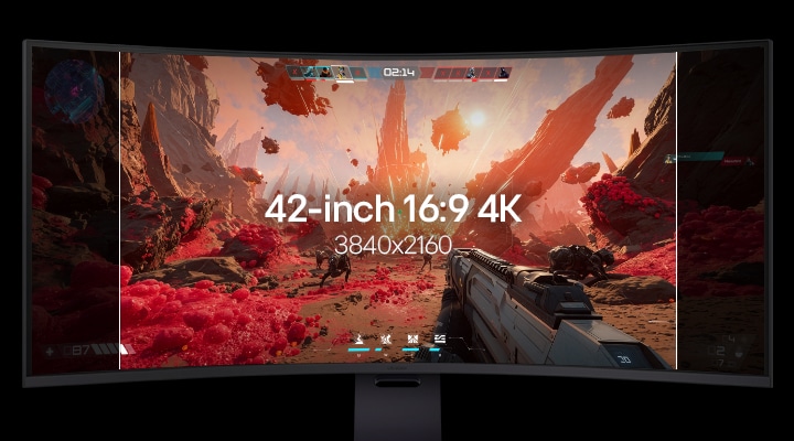 Eine Animation zeigt einen Monitor mit verschiedenen Gaming-Szenen. Dargestellt wird die Transformation von einem 16:9 UHD 4K-Monitor zu einem 52-Zoll-21:9 UltraWide 5K2K-Gaming-Monitor.