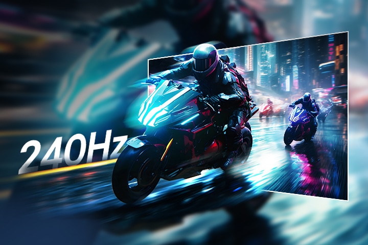 LG UltraGear Gaming-Monitor (52G930B) mit einer Bildwiederholfrequenz von 240 Hz für eine flüssige Bilddarstellung, illustriert mit rasanten Motorradrennen