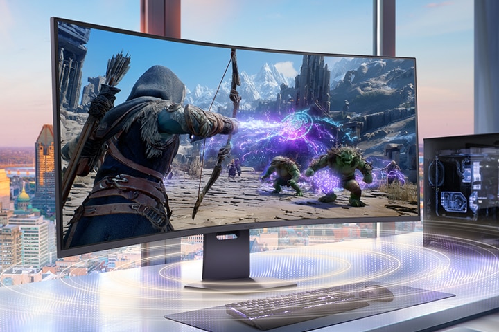 Aus einem Gaming-Monitor, der eine RPG-Spielszene zeigt, dringen am unteren Rand Schallwellen heraus. Illustriert wird der 10 W x 2 Stereoklang.