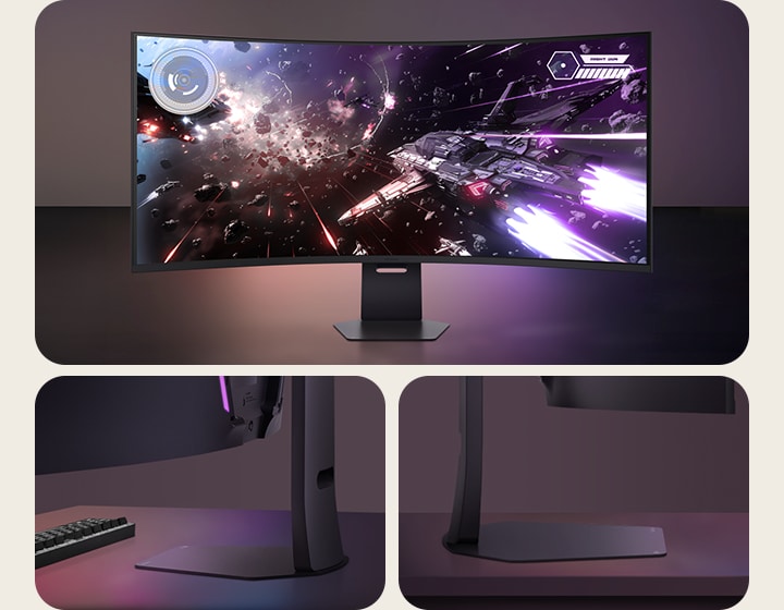 Vorder-, Rück- und Seitenansicht des LG UltraGear Gaming-Monitors mit Curved-Design und eleganter Oberfläche auf einem Schreibtisch.