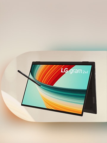 LG gram 2-in-1 laptop wit stylus. There are colourful designs displayed on the laptop screen.