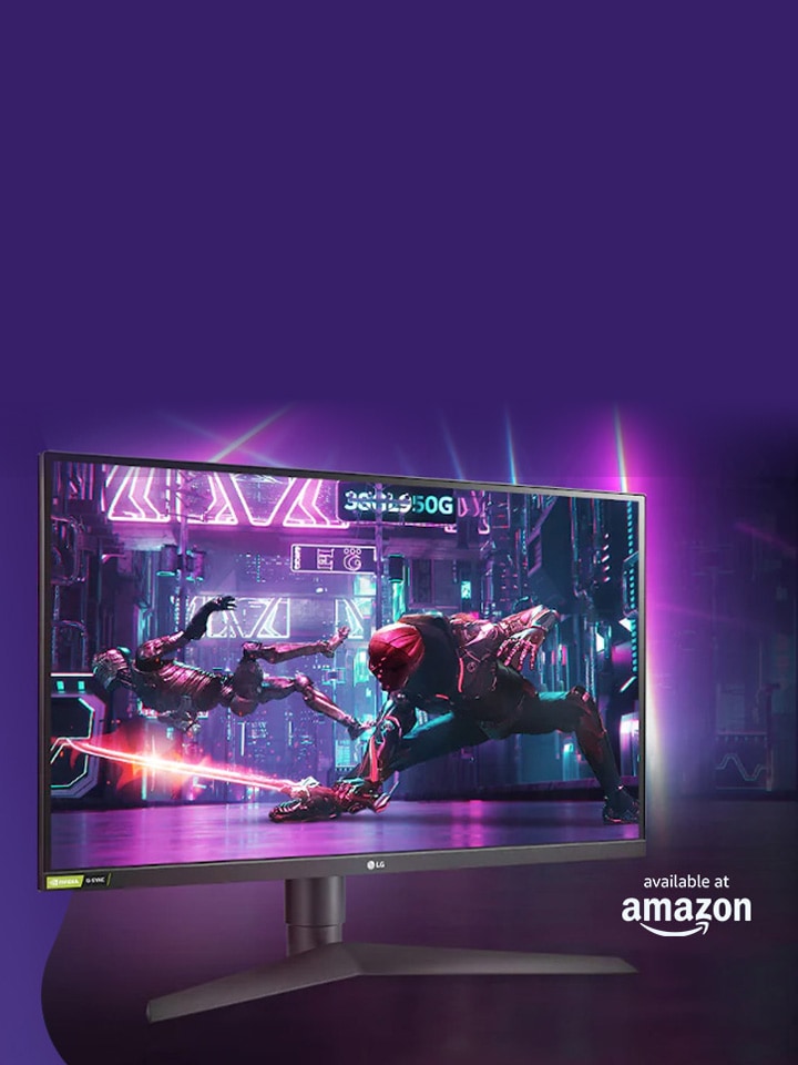 Image of gaming monitor with vibrant purple lights and a combat scene on screeen. There is an 'available at Amazon' logo on the image. 