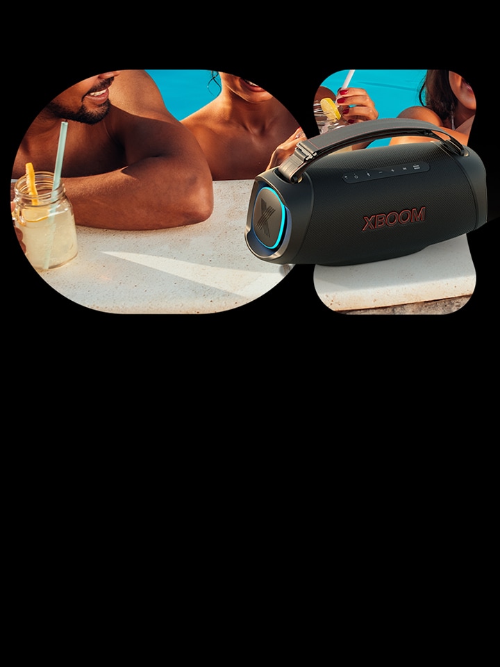 On the left, there is a close-up of the LG XBOOM Go XG8T placed by the poolside. On the right, there is a close-up of a hand holding the LG XBOOM Go XG2T. 