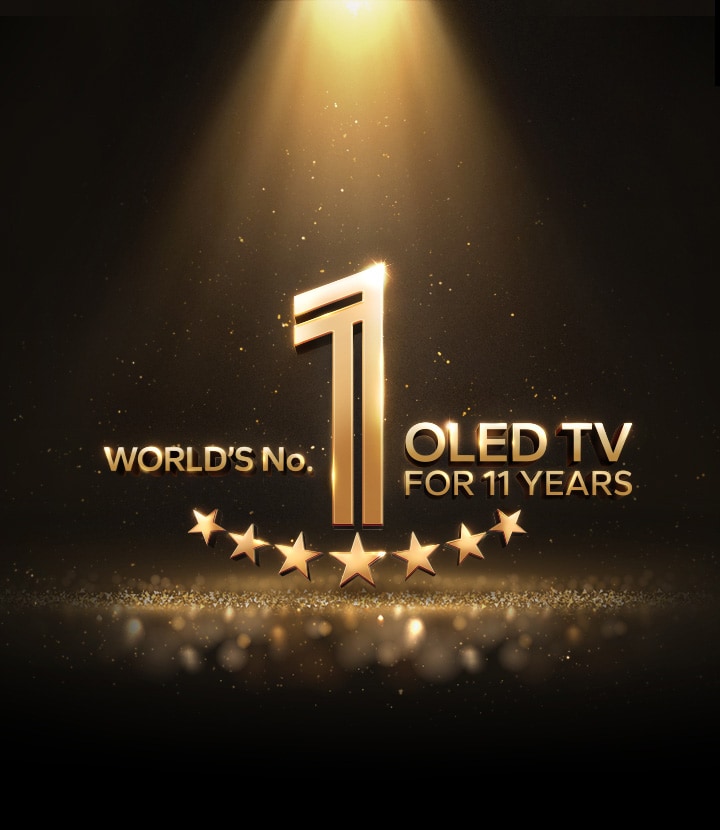 Um emblema dourado da TV OLED número um do mundo por 11 anos em um fundo preto. Um holofote brilha sobre o emblema, e estrelas abstratas douradas preenchem o espaço.
