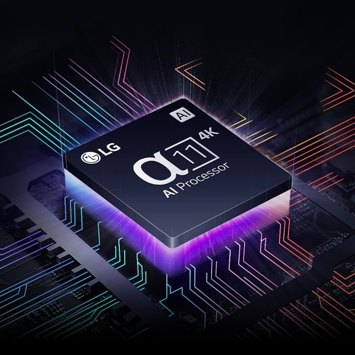 Processador LG alpha 11 AI 4K parcialmente visível em meio à escuridão. O processador com IA se ilumina de roxo e rosa, e raios de luz coloridos saem dele. Mais raios aparecem na placa-mãe, estendendo-se ainda mais.