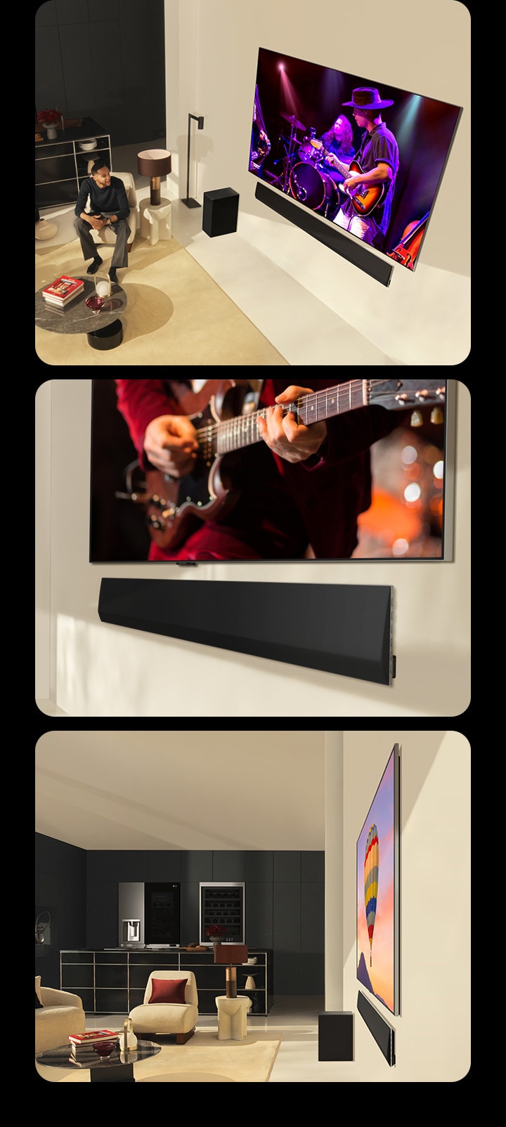 Três imagens são exibidas em sequência. Na primeira, um casal assistindo a um concerto em uma LG OLED evo G4 com a LG Soundbar SG10TY em perfeita harmonia em uma sala de estar moderna, enquanto a mesma imagem com um homem assistindo à TV é mostrada em um dispositivo móvel. E a imagem abaixo mostra uma perspectiva em ângulo da parte inferior de uma LG OLED TV e de uma LG Soundbar. E a outra mostra uma visão de perfil lateral de uma LG OLED evo G4 e de uma LG Soundbar SG10TY, ambas com dimensões incrivelmente finas e praticamente sem lacunas contra a parede. 