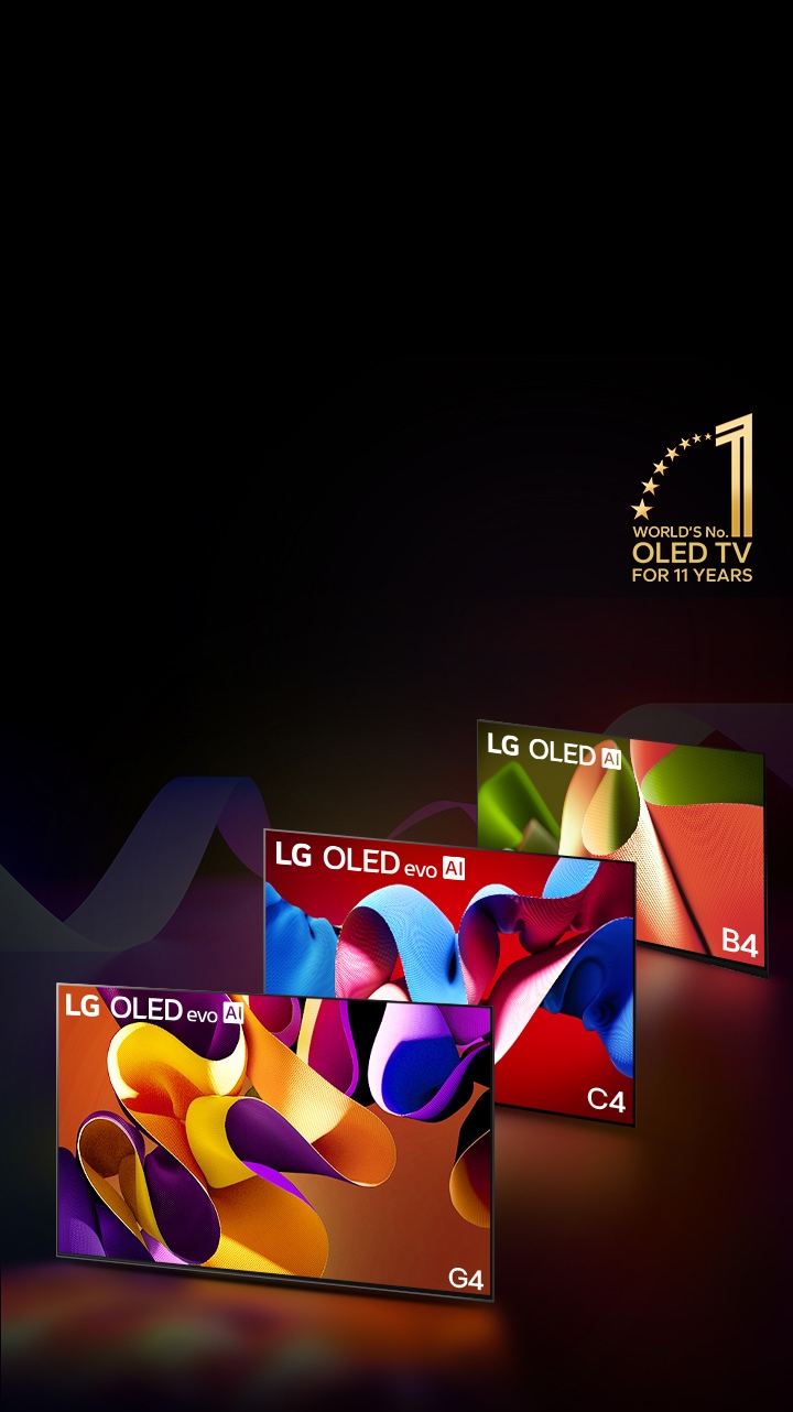 PC: LG OLED evo G4, LG OLED evo C4 e LG OLED B4 lado a lado, cada uma exibindo uma obra de arte abstrata de cor diferente na tela. Uma luz é projetada de cada TV para o chão abaixo. Um emblema dourado da TV OLED número um do mundo por 11 anos é exibido no canto superior direito. As mesmas imagens da LG OLED evo G4, LG OLED evo C4 e LG OLED B4 também são mostradas alinhadas em um dispositivo móvel.