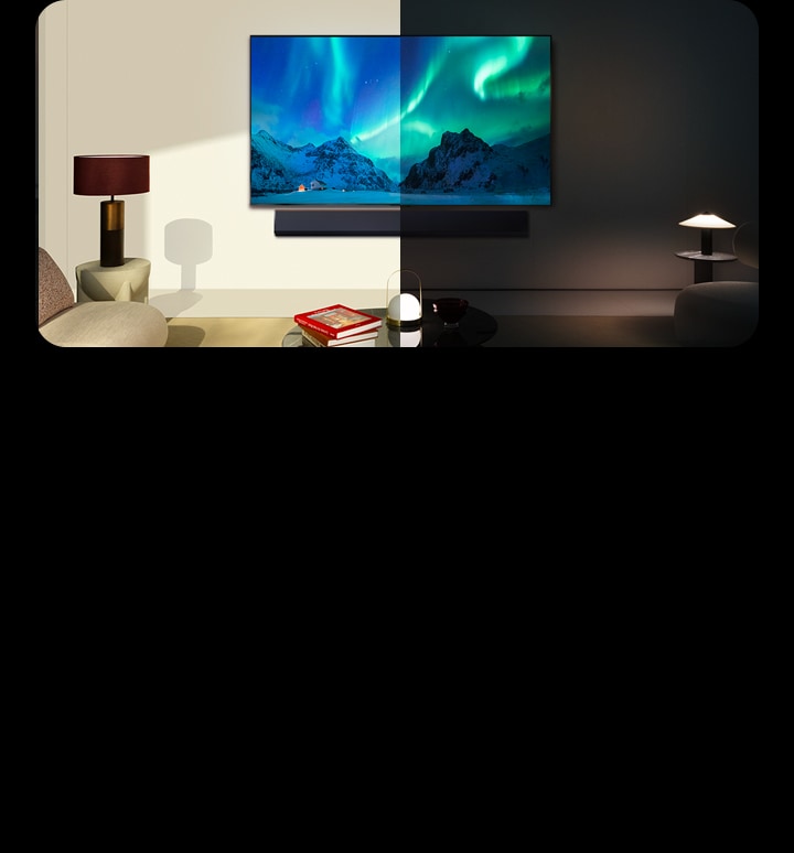 Uma TV LG IA é montada na parede da sala de estar, e a imagem é dividida ao meio para mostrar uma sala iluminada à esquerda e uma sala escura à direita. A linha divisória no meio se move para a esquerda para mostrar a TV se ajustando ao ambiente escuro, depois se move para a direita para mostrar a TV se ajustando ao ambiente claro, e depois volta ao centro.