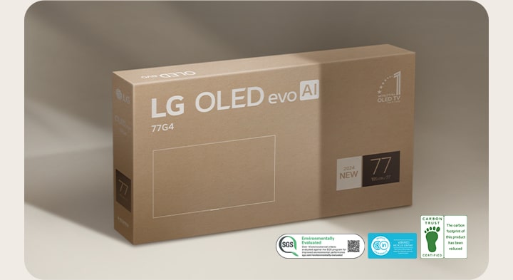 Embalagem da LG OLED em um fundo bege.