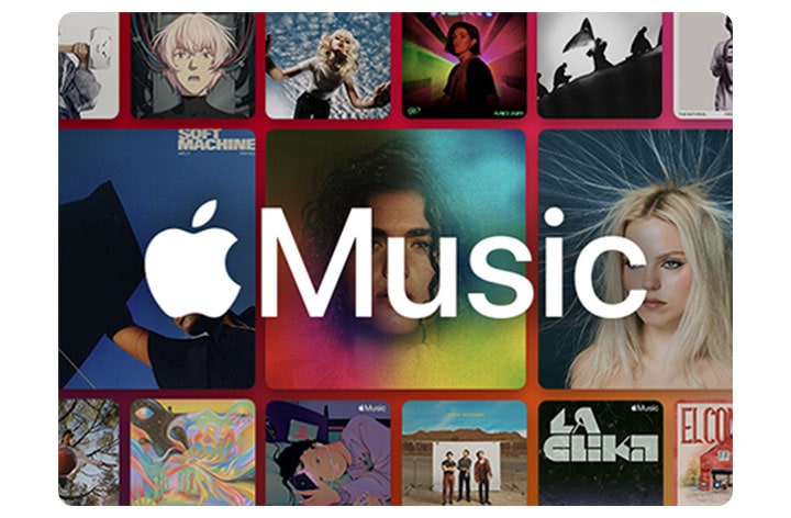 Um layout de grade de álbuns com o logotipo da Apple Music sobreposto.