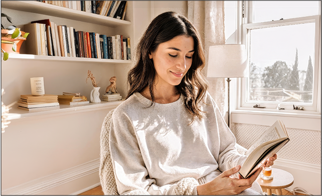 Ana aproveitando a leitura com uma caixa de som na área de leitura criada após a consultoria de interiores