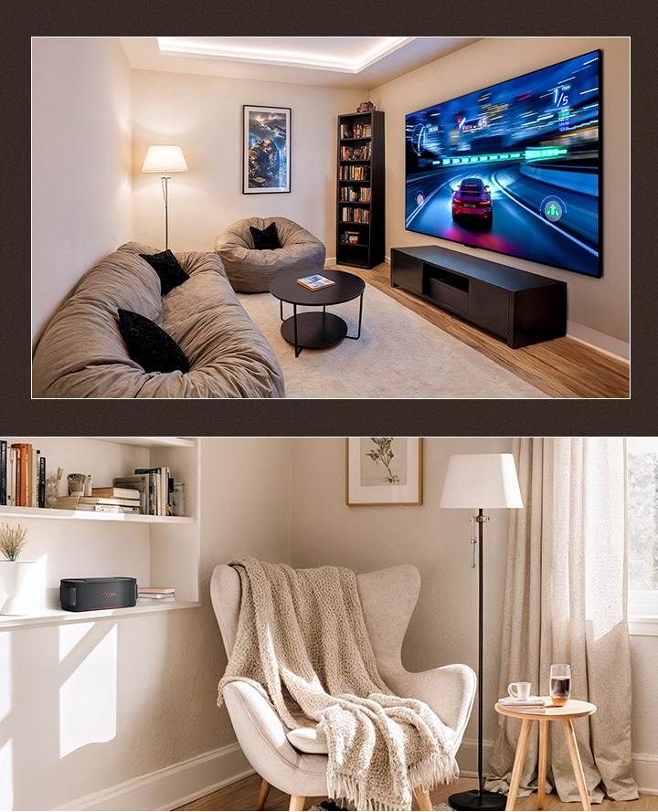 Visão geral da sala de jogos e da área de leitura transformadas após a consultoria de interiores