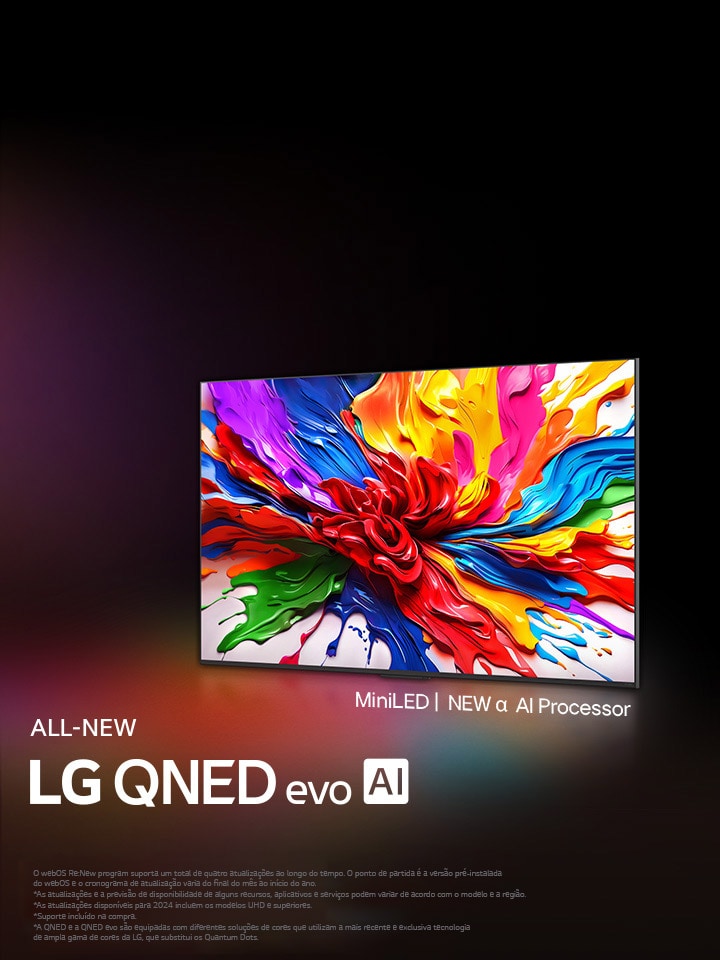 LG QNED TV em um fundo escuro colorido. Na tela, há uma obra de arte brilhante e colorida que mostra a tecnologia de cores da QNED e a capacidade de exibir um amplo espectro de tons em grande contraste. O logotipo da nova LG QNED evo AI é éxibido. Com legendas que destacam a QNED MiniLED e o novo processador alpha AI. O título diz: Com todas as cores redefinidas, começa uma nova experiência.