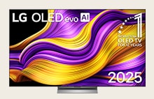 A LG OLED TV apresenta uma arte colorida e detalhada com o título LG OLED evo AI 2025 e o emblema da OLED TV número 1 do mundo por 12 anos na tela.