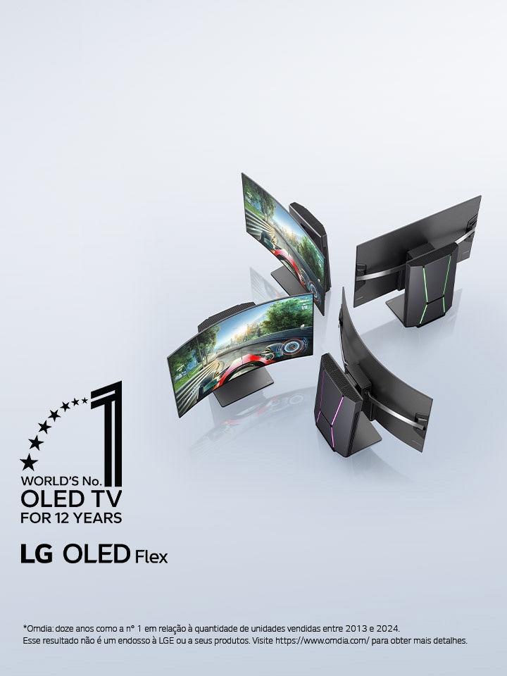 Vista superior ligeiramente inclinada de quatro LG OLED Flex TVs posicionadas de forma a mostrar a tela curva exclusiva dessas TVs. Nas TVs onde a tela é visível, é possível ver um videogame de corrida. O emblema “A OLED TV número 1 do mundo por 12 anos” é exibido no canto da tela. O logotipo LG OLED Flex é exibido na tela.