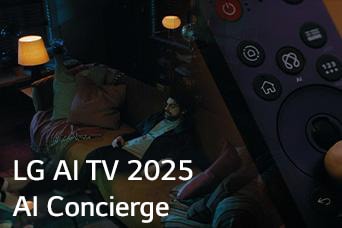 O título é visível, LG AI TV 2025, Al Concierge. O LG Al Magic Remote está visível. Um homem está sentado no sofá.