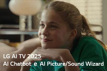 O título é visível, LG AI TV 2025, Al Chatbot & Al Picture/Sound Wizard. Uma garota está sentada, sorrindo com o olhar distante.