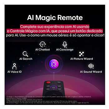 Um close da tela da LG TV mostrando como o AI Search funciona. Uma pequena janela de bate-papo está aberta, mostrando como o usuário perguntou quais partidas esportivas estão disponíveis. O AI Search responde por bate-papo, mostrando miniaturas dos conteúdos disponíveis. Há também um prompt para perguntar ao Microsoft Copilot.