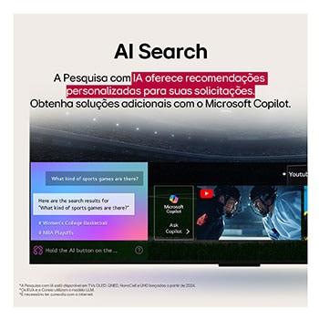 Conteúdo de ficção científica sendo reproduzido na tela de uma LG TV. Na tela aparece a interface do AI Chatbot. O usuário enviou uma mensagem ao chatbot dizendo que a tela está muito escura. O chatbot ofereceu soluções para a solicitação. A cena inteira está dividida em duas partes. Um lado é mais escuro, o outro lado é mais claro, mostrando como o AI Chatbot resolveu o problema para o usuário automaticamente. O texto explica que o Al Chatbot pode entender a intenção do usuário e fornecer soluções para resolver problemas.Conteúdo de ficção científica sendo reproduzido na tela de uma LG TV. Na tela aparece a interface do AI Chatbot. O usuário enviou uma mensagem ao chatbot dizendo que a tela está muito escura. O chatbot ofereceu soluções para a solicitação. A cena inteira está dividida em duas partes. Um lado é mais escuro, o outro lado é mais claro, mostrando como o AI Chatbot resolveu o problema para o usuário automaticamente. O texto explica que o Al Chatbot pode entender a intenção do usuário e fornecer soluções para resolver problemas.