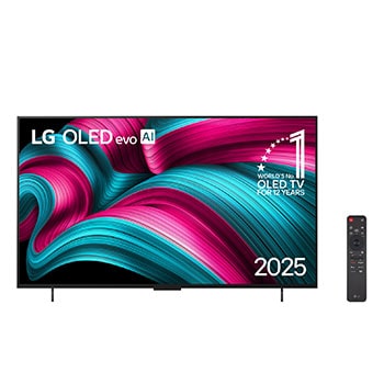 Front view of LG OLED evo AI C5E 4K Smart TV. 12 Years of world number 1 OLED emblem and LG OLED evo AI 2025 logo are on the screen.